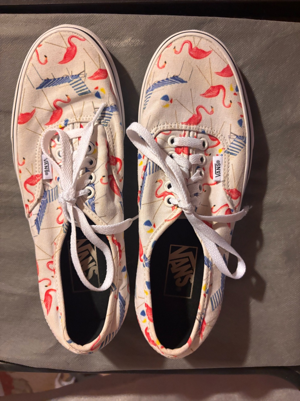 Vans women’s White Canvas Sneakers with Red Flamingo and Blue Accents